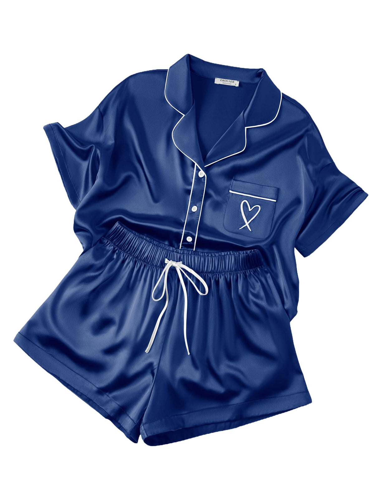 Ekouaer Womens Silk Satin Pajama Set, 2 Piece Heart Embroidery Short Sleeve Button Down Pjs Set for Bridal Party