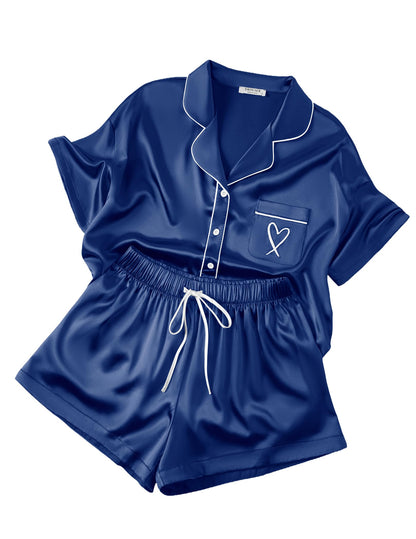 Ekouaer Womens Silk Satin Pajama Set, 2 Piece Heart Embroidery Short Sleeve Button Down Pjs Set for Bridal Party