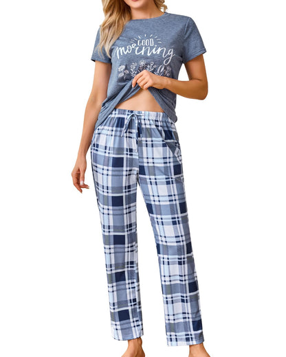 difficort Womens Pajama Sets Short Sleeve Long Pants Sleepwear with Pockets