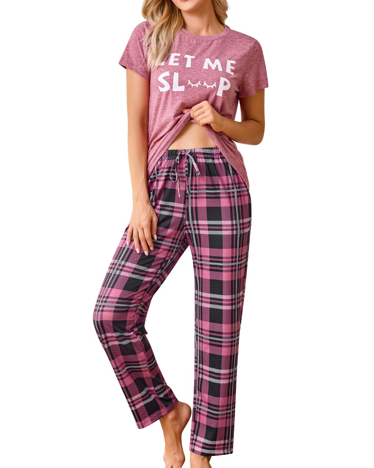 difficort Womens Pajama Sets Short Sleeve Long Pants Sleepwear with Pockets