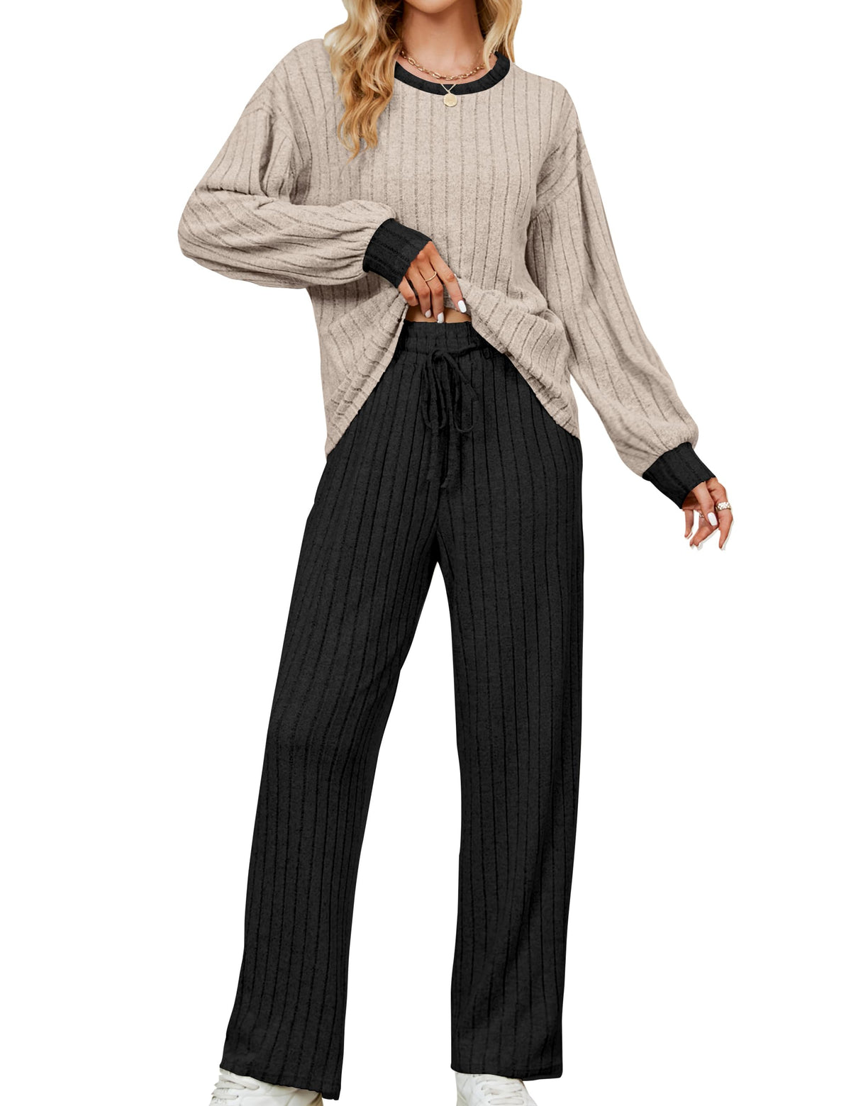 Blooming Jelly Women Ribbed Long Sleeve Pajama Sets Fall Loungewear Pockets