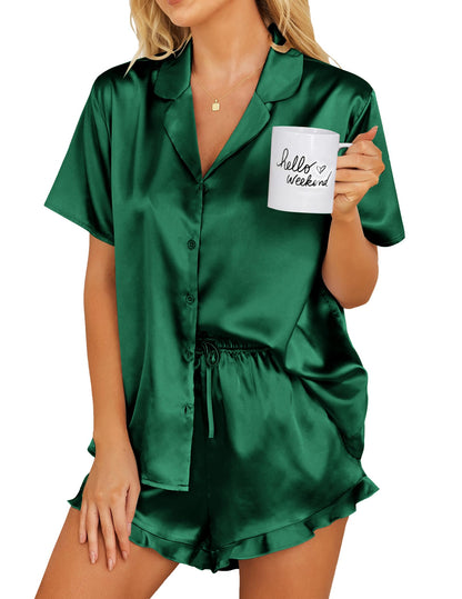 Ekouaer Womens Satin Pajamas Set Button Down Silk Pj Shorts Set with Ruffle