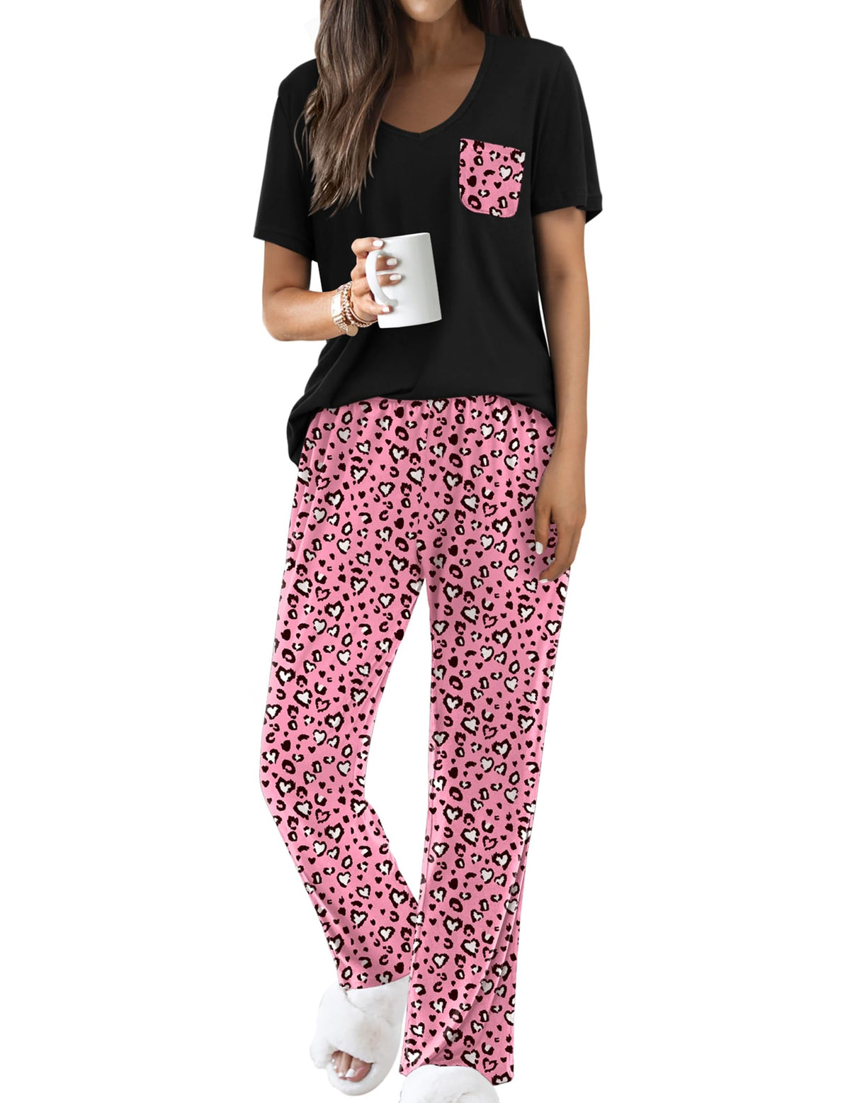 Ekouaer Pajama Sets for Women 2 Piece Short Sleeve Pj V Neck Chest Pocket