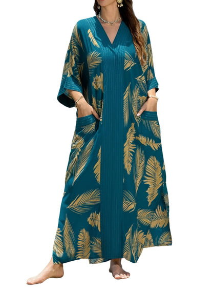 cthseie Women's Kaftan Dress Plus Size V-Neck Pocket Lightweight Swimwear Coverups Moomoo Nightgown Beach Loungewear