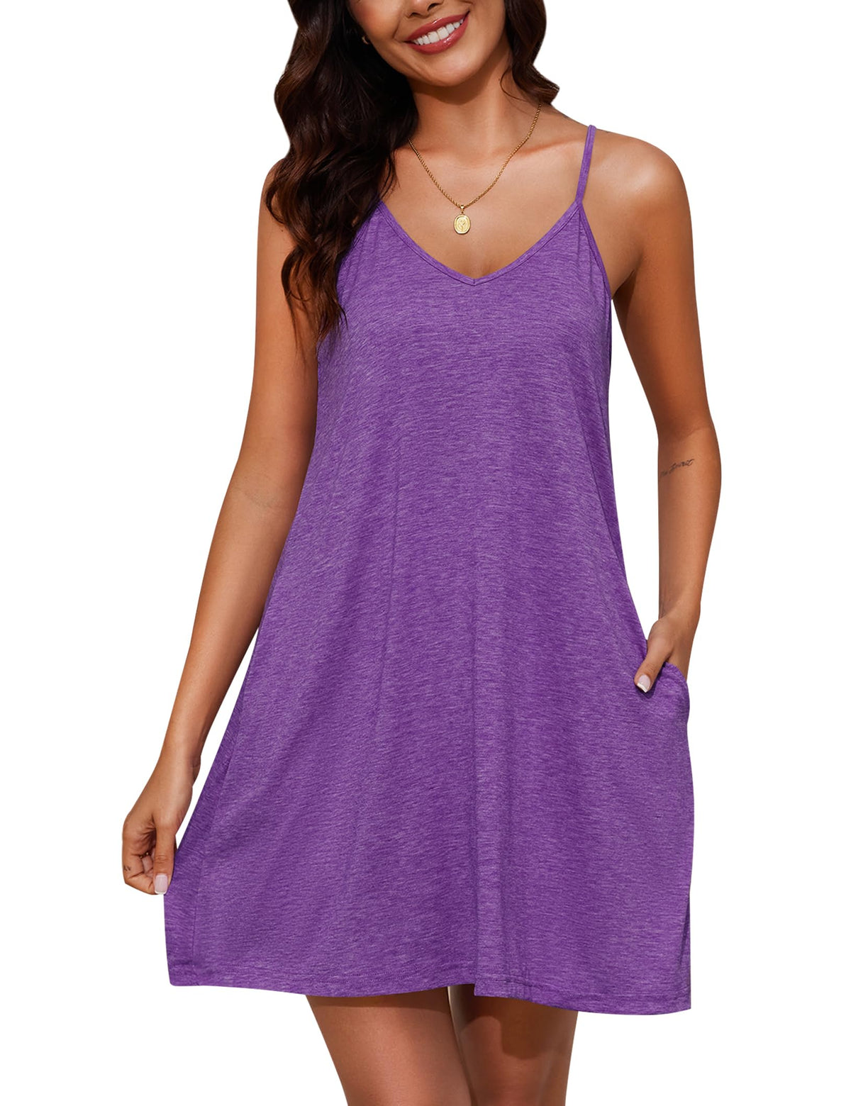 Marvmys Womens Cotton Sleeveless Nightgown Spaghetti Strap V Neck Full Slip Sleep Dress with Pockets
