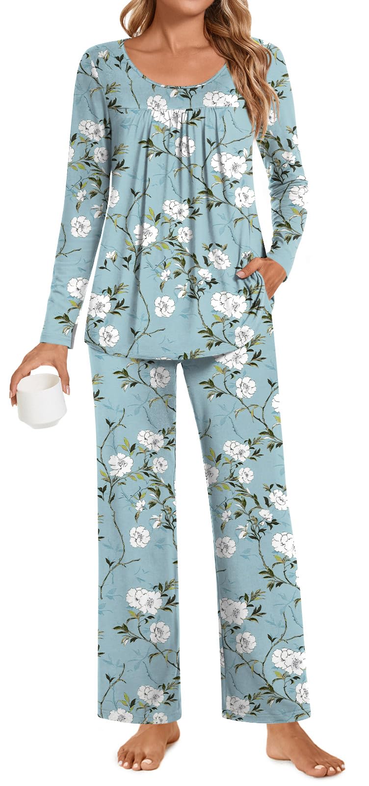 POPYOUNG Womens Pajama Set 2 Pieces Fall Pjs Comfy Sleepwear with Pockets