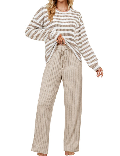 Blooming Jelly Women Ribbed Long Sleeve Pajama Sets Fall Loungewear Pockets