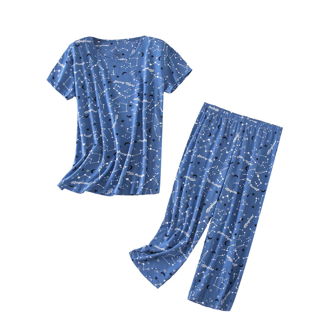 PNAEONG Womens Pajama Set Cotton Short Sleeve Top with Capri Pants Soft Pjs