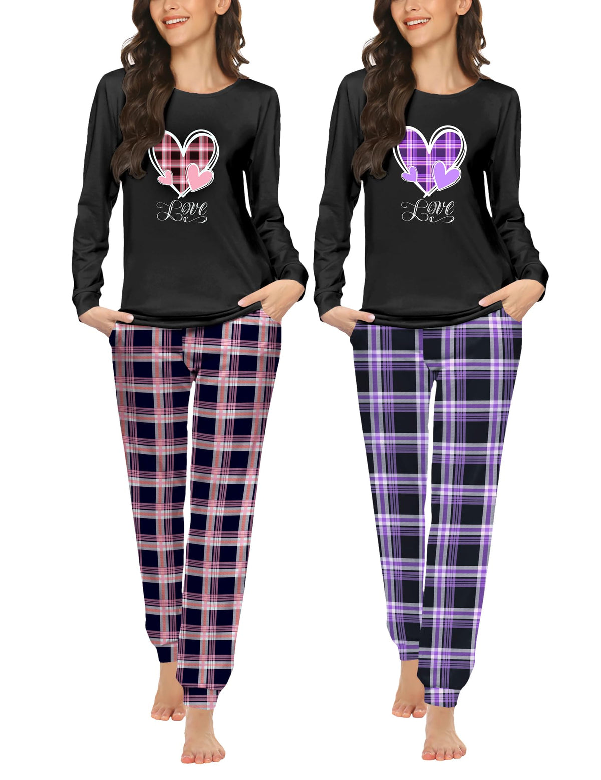 Ekouaer 2 Pack Pajama Sets for Women,Long Sleeve Top Jogger Pant Loungewear