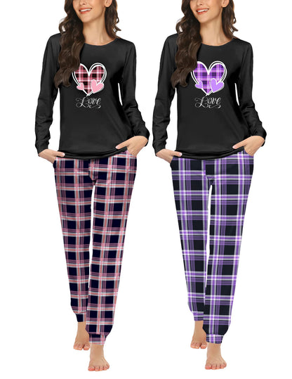 Ekouaer 2 Pack Pajama Sets for Women,Long Sleeve Top Jogger Pant Loungewear