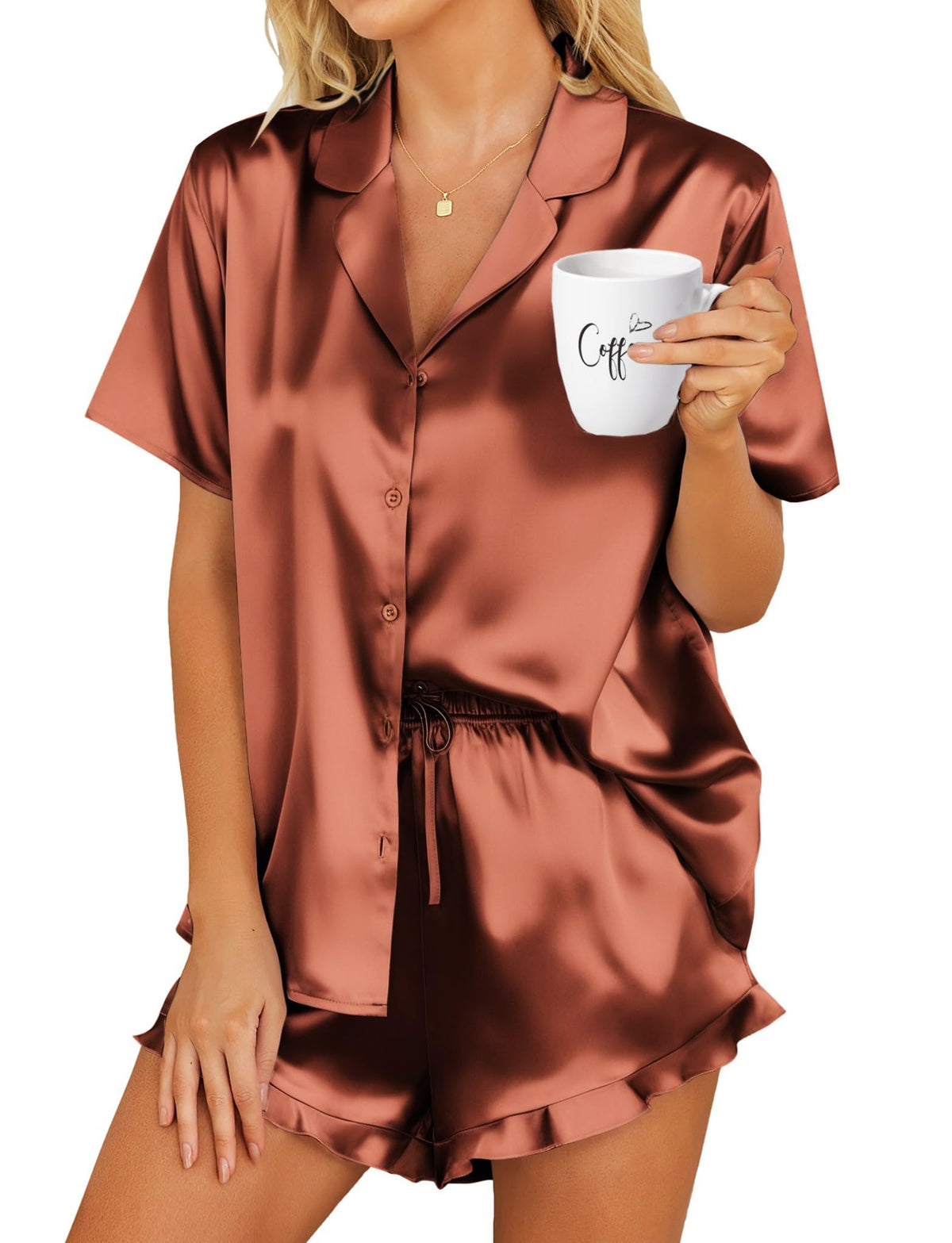 HOTOUCH Womens Satin Pajamas Set Button Down 2 Piece Ruffle Shorts Set