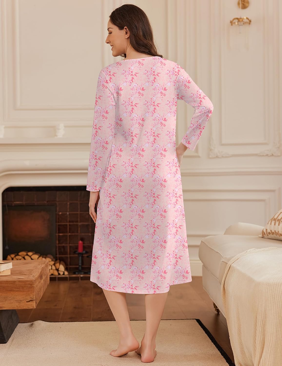 Ekouaer Long Sleeve Nightgown for Women Long Henley House Dress with Pocket