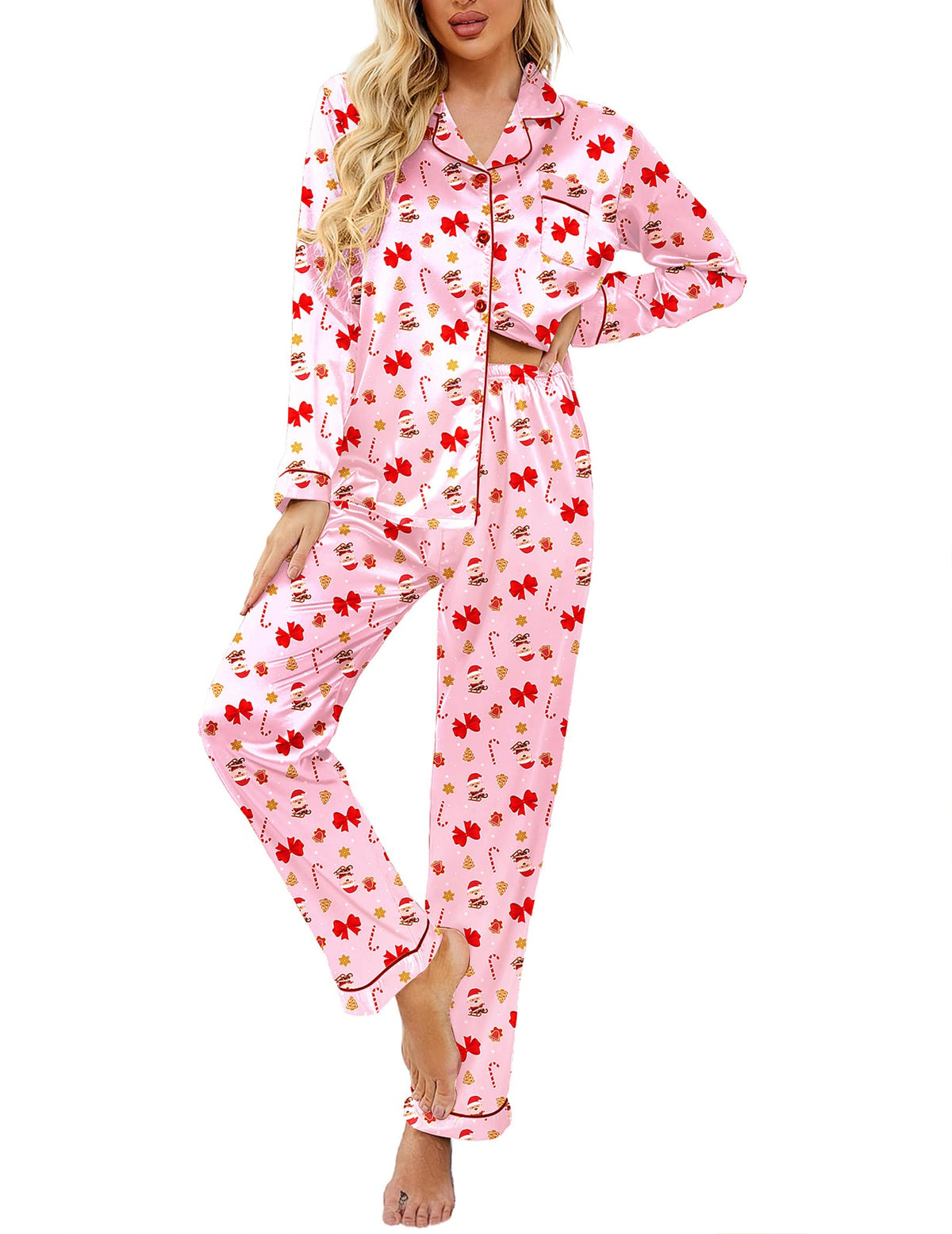Ekouaer Women's Classic Button Down Long Satin Silk Pajama Set