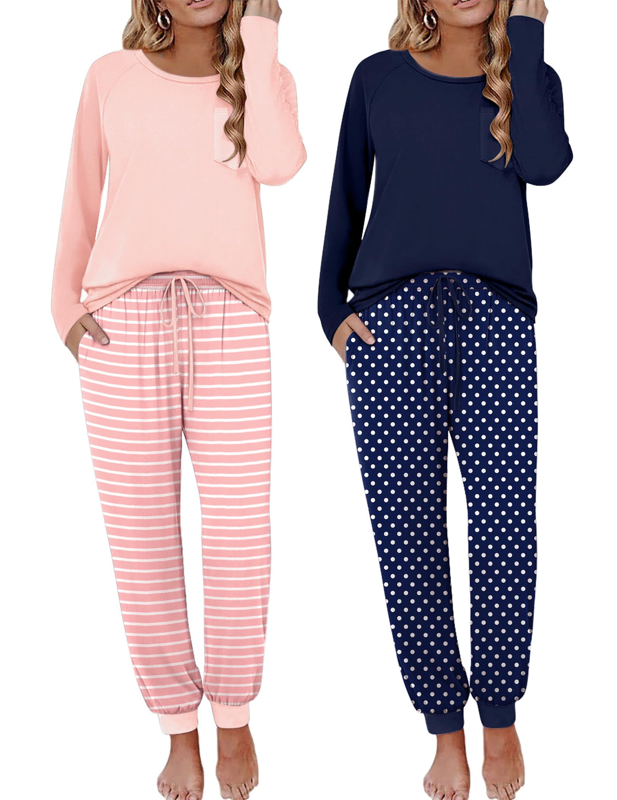 Ekouaer 2 Pack Womens Pajama Sets Long Sleeve Pjs Soft Comfy Lounge Set