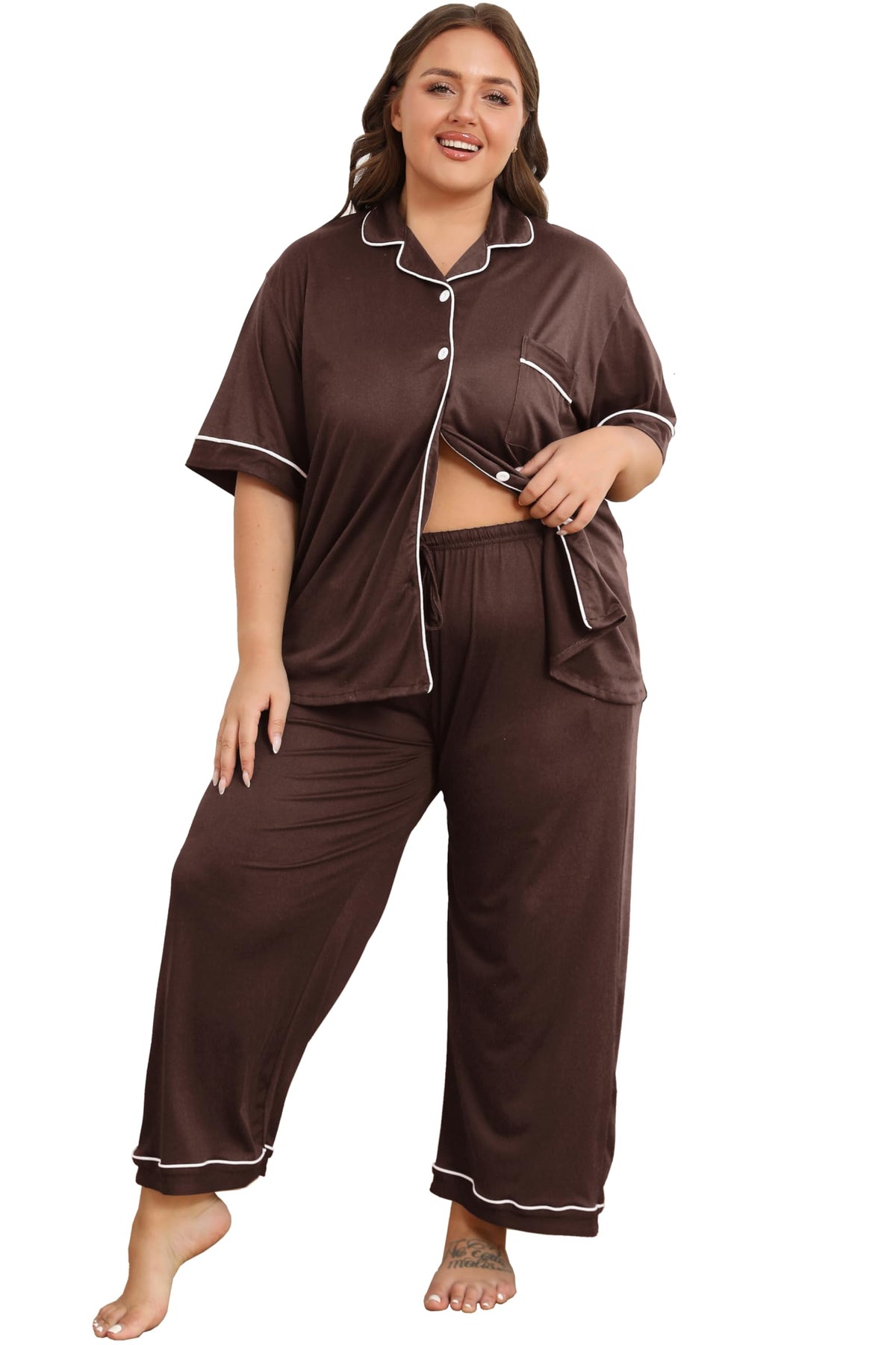 Vozanet Women's Plus Size Pajamas Button Down Shirt and Pants Soft Lounge Sets Bride Nighty Bottom with Pockets 1x to 5x