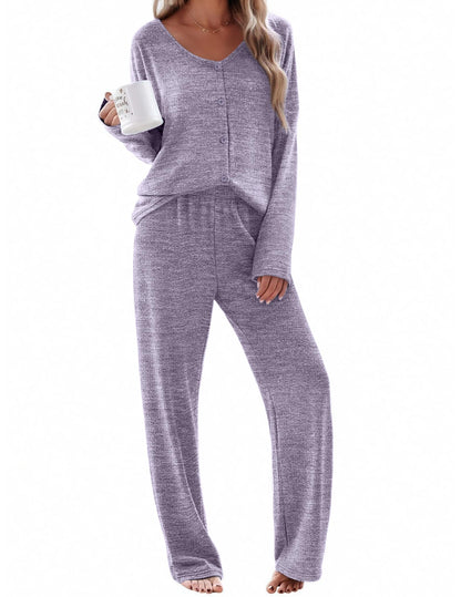 Ekouaer Womens Pajama Sets Button Up Long Sleeve Lounge Set Soft V Neck Pj