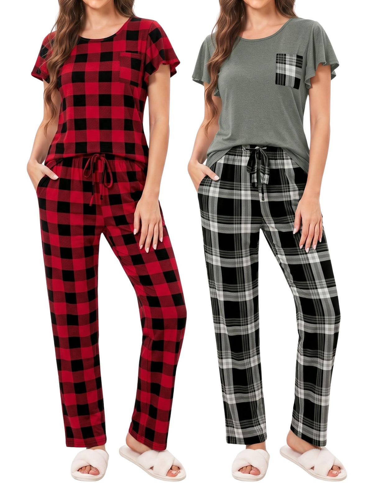 Ekouaer Pajamas for Women Set 2 Piece Comfy Loungewear, Lightweight Pjs Sleepwear, Short Sleeve Top & Long Pants with Pockets