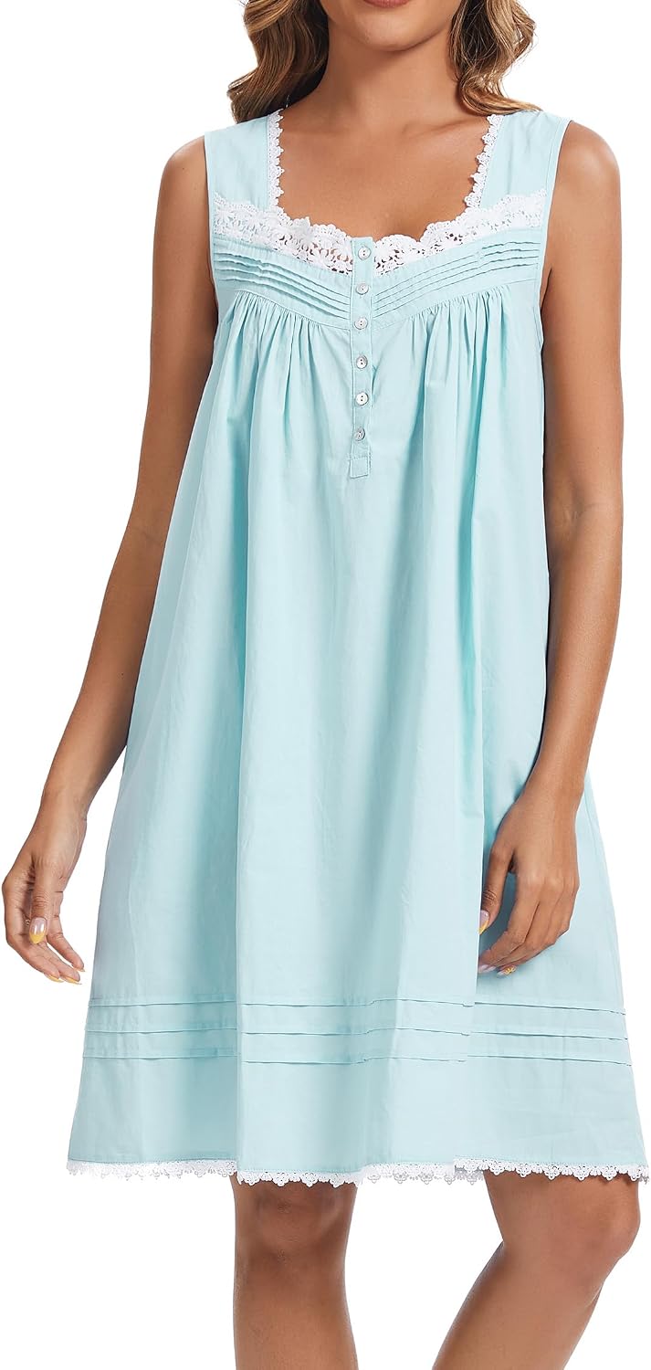 AVIIER 100% Cotton Nightgowns for Women Sleeveless Night Gown with Pockets