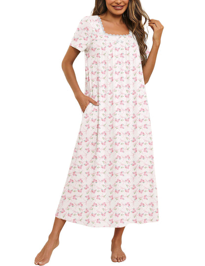 Ekouaer Cotton Long Nightgowns for Women Vintage House Dress with Pockets