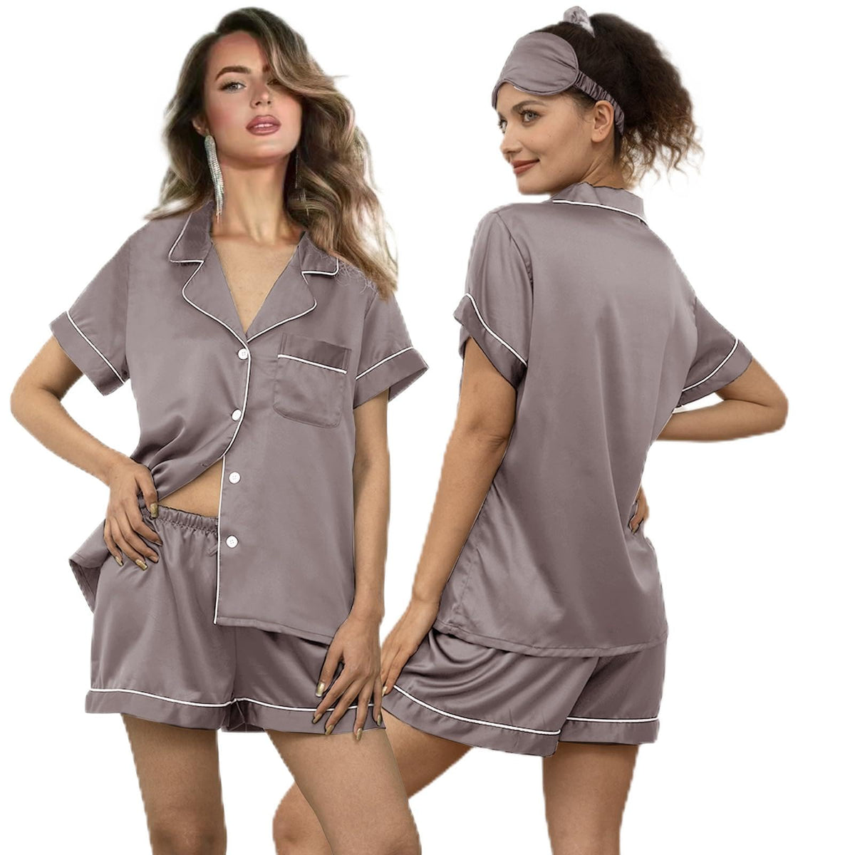 WJing Yi Jia 5Pcs Womens Soft Satin Pajama Set XS-4XL Button-Down Silk Pajamas Floral Sleepwear Bridal Pjs Lounge Pj Sets