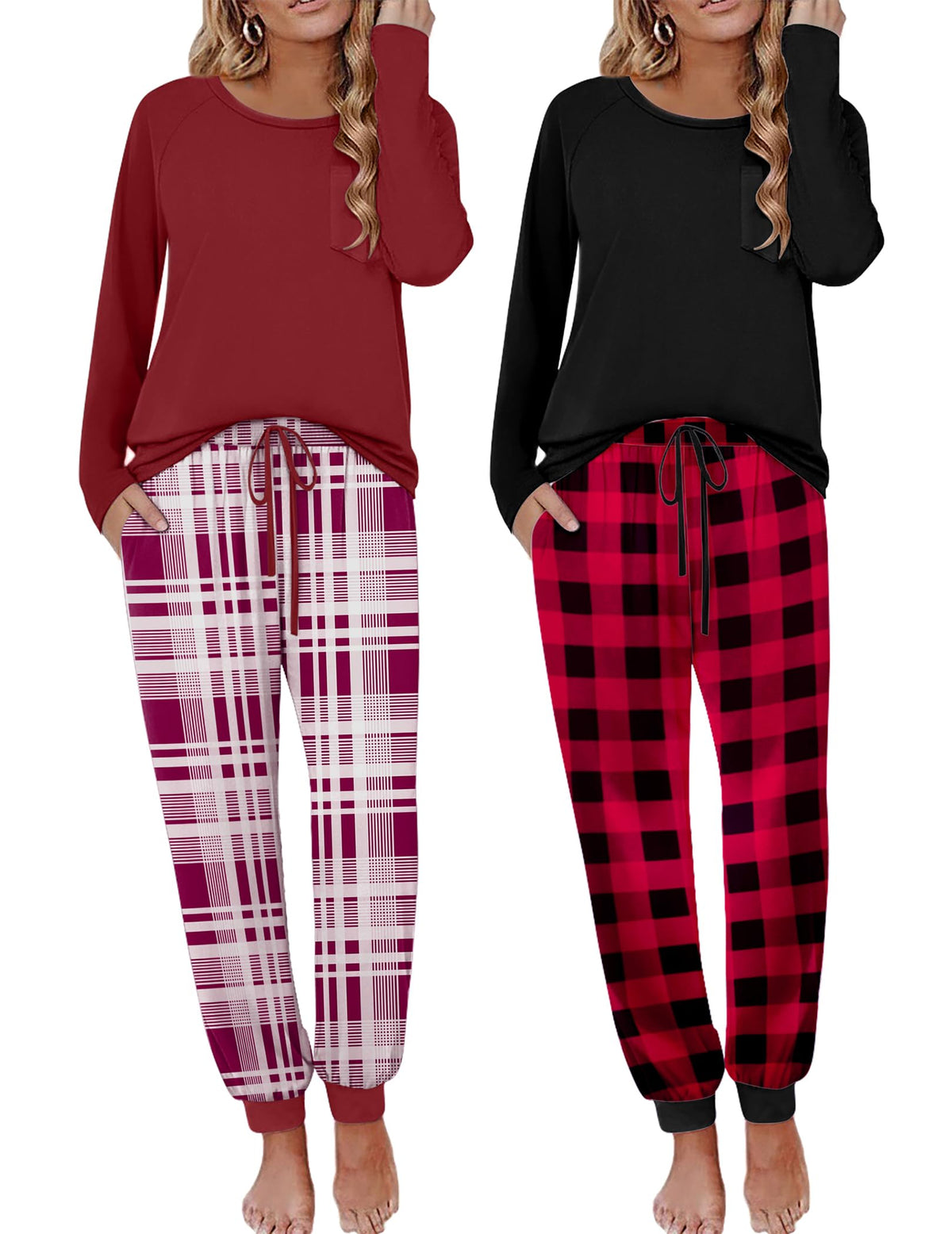 Ekouaer 2 Pack Womens Pajama Sets Long Sleeve Pjs Soft Comfy Lounge Set