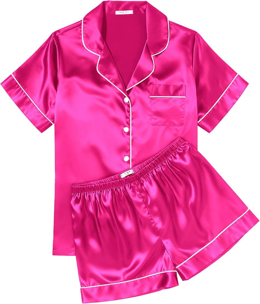 Ekouaer Womens Silk Satin Pajama Sets Soft Short Sleeve Button Up Sleepwear