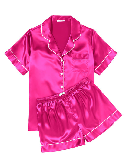 Ekouaer Womens Silk Satin Pajama Sets Soft Short Sleeve Button Up Sleepwear