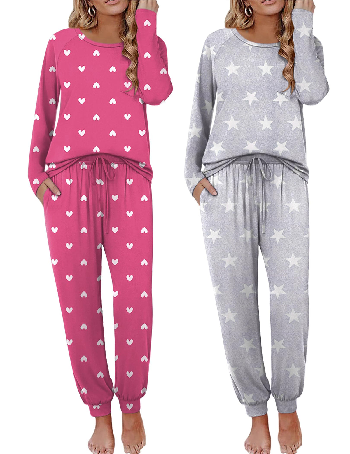 Ekouaer 2 Pack Womens Pajama Sets Long Sleeve Pjs Soft Comfy Lounge Set