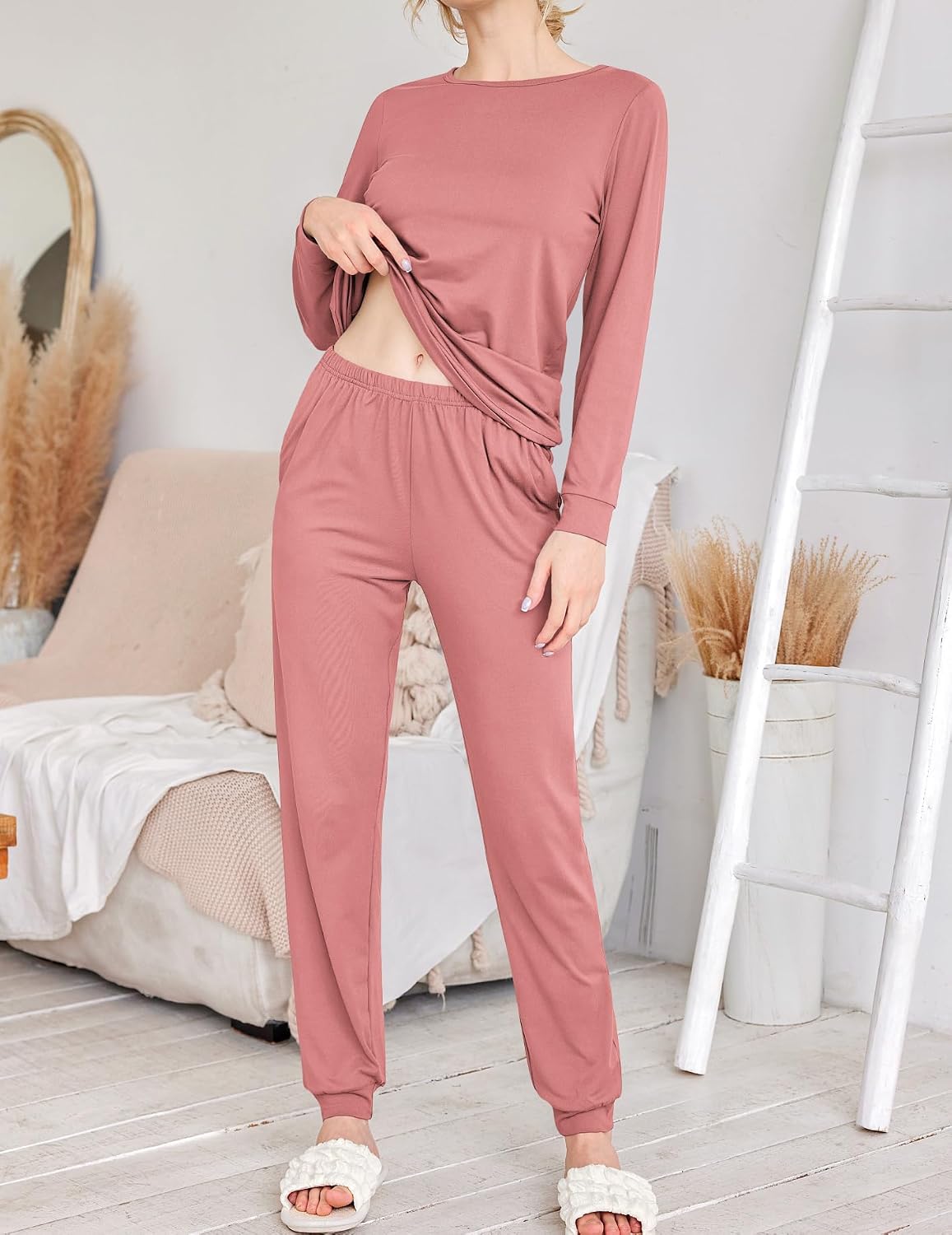 Ekouaer 2 Pack Pajama Sets for Women,Long Sleeve Top Jogger Pant Loungewear