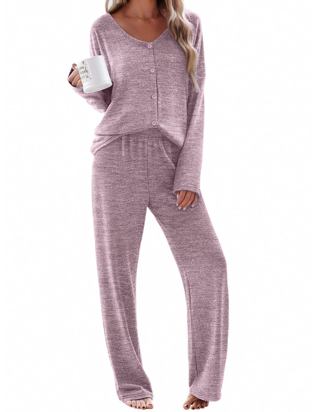 Ekouaer Womens Pajama Sets Button Up Long Sleeve Lounge Set Soft V Neck Pj