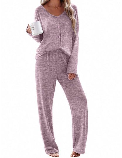 Ekouaer Womens Pajama Sets Button Up Long Sleeve Lounge Set Soft V Neck Pj