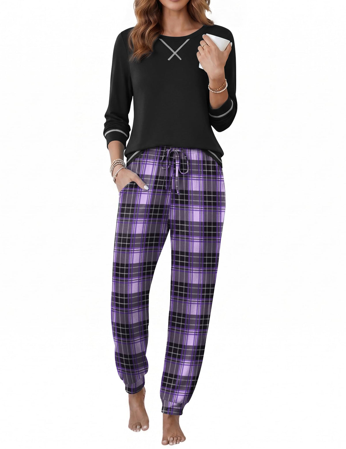 Ekouaer Pajamas for Women Set Long Sleeve Top and Jogger Pants Lounge Sets