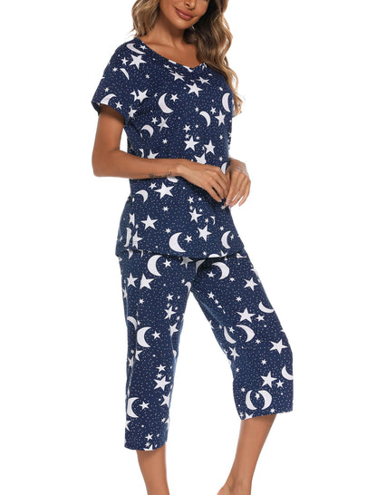 ENJOYNIGHT Womens Pajama Set Cotton Short Sleeve Top With Capri Pants Pj