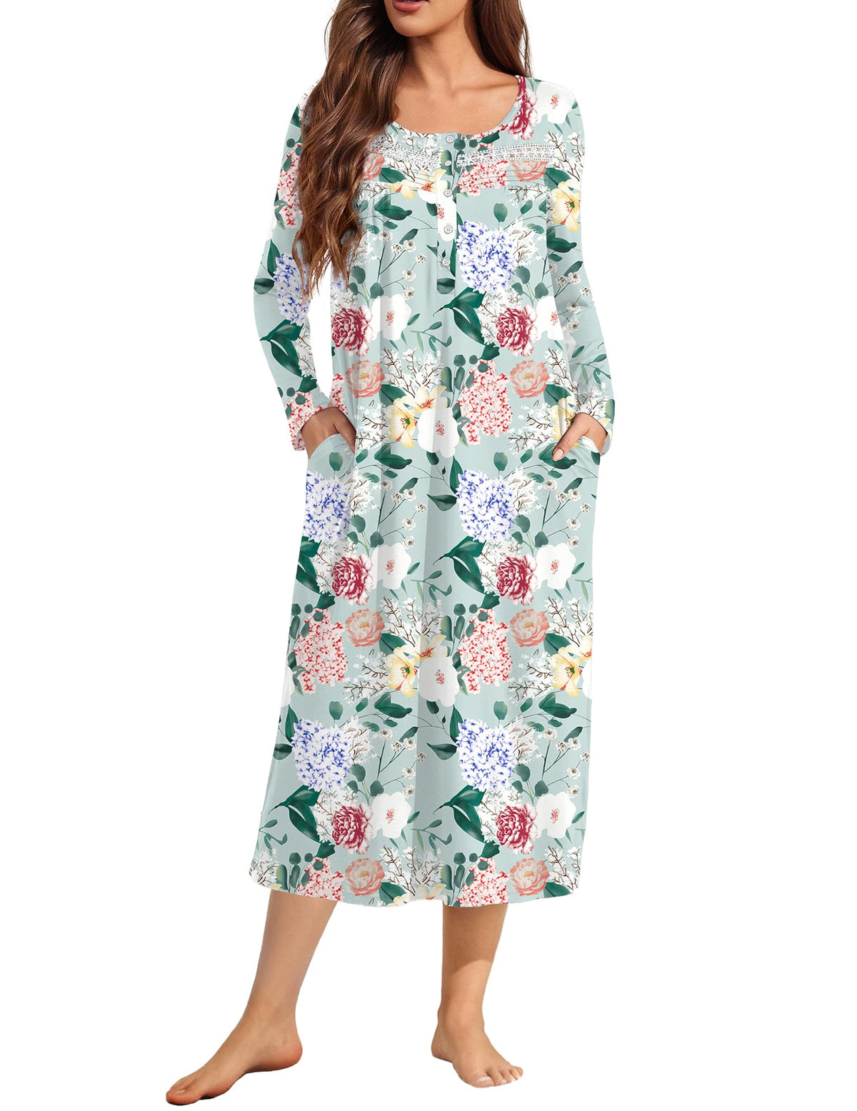 Ekouaer Long Sleeve Nightgown for Women Long Henley House Dress with Pocket