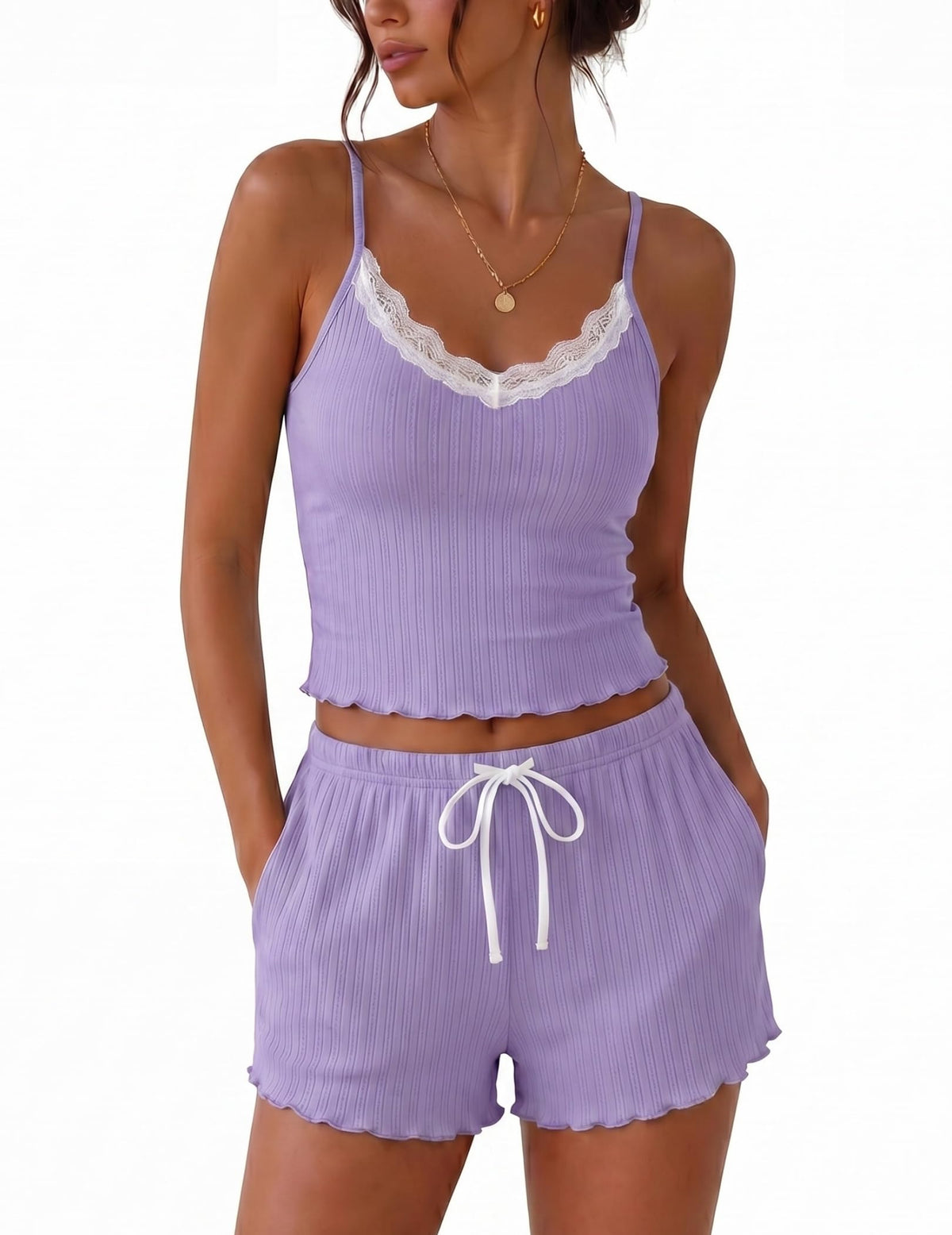 Ekouaer Womens Lace Cami Pajama Lingerie Sets 2 Piece Shorts with Pockets