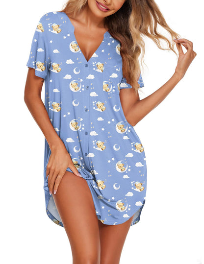 Ekouaer Nightgowns for Women Button Down Night Gown Short Sleeve Nightshirt