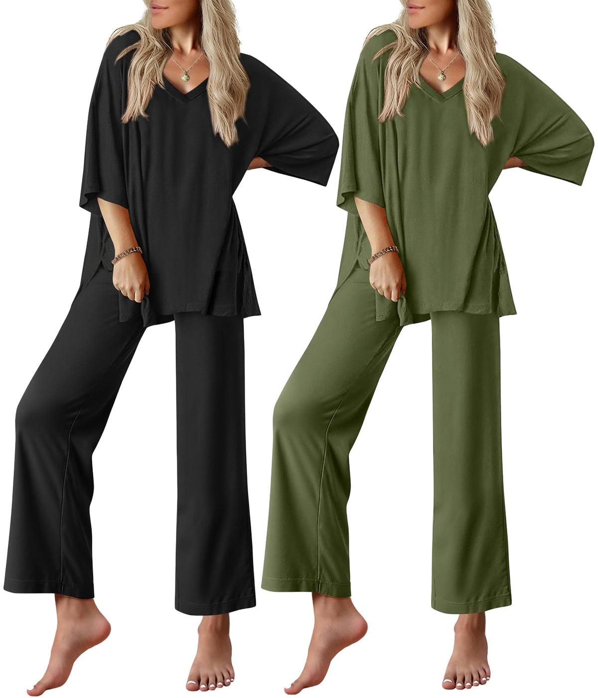 Ekouaer 2 Packs Lounge Set for Women Short Sleeve Pajamas Top and Long Pant
