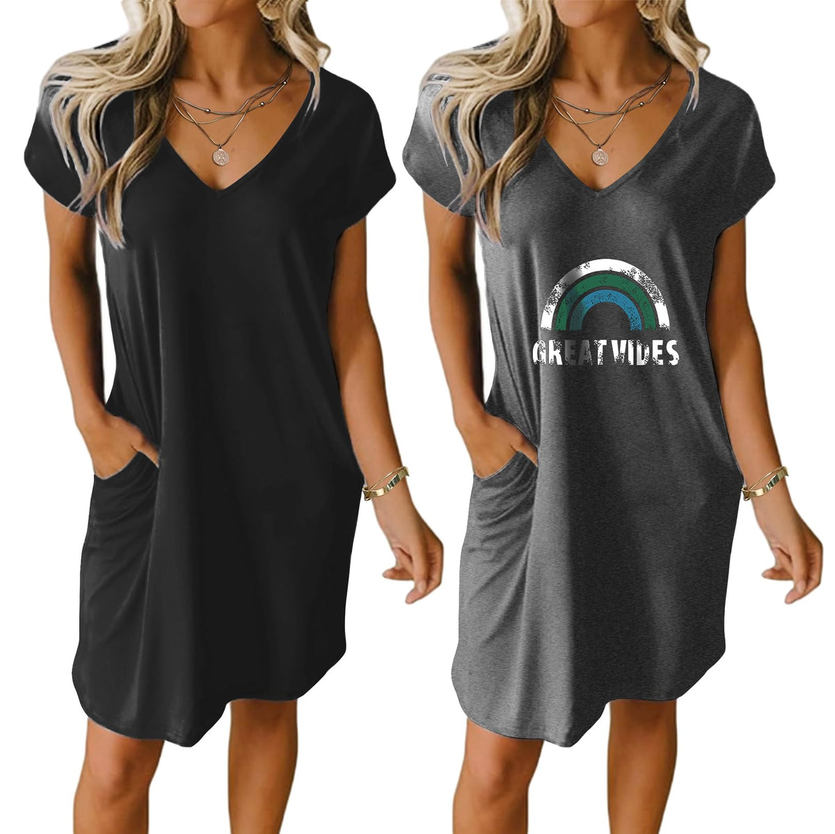 Ekouaer Womens 2 Pack Nightgown with Pockets Short Sleeve Night Shirts