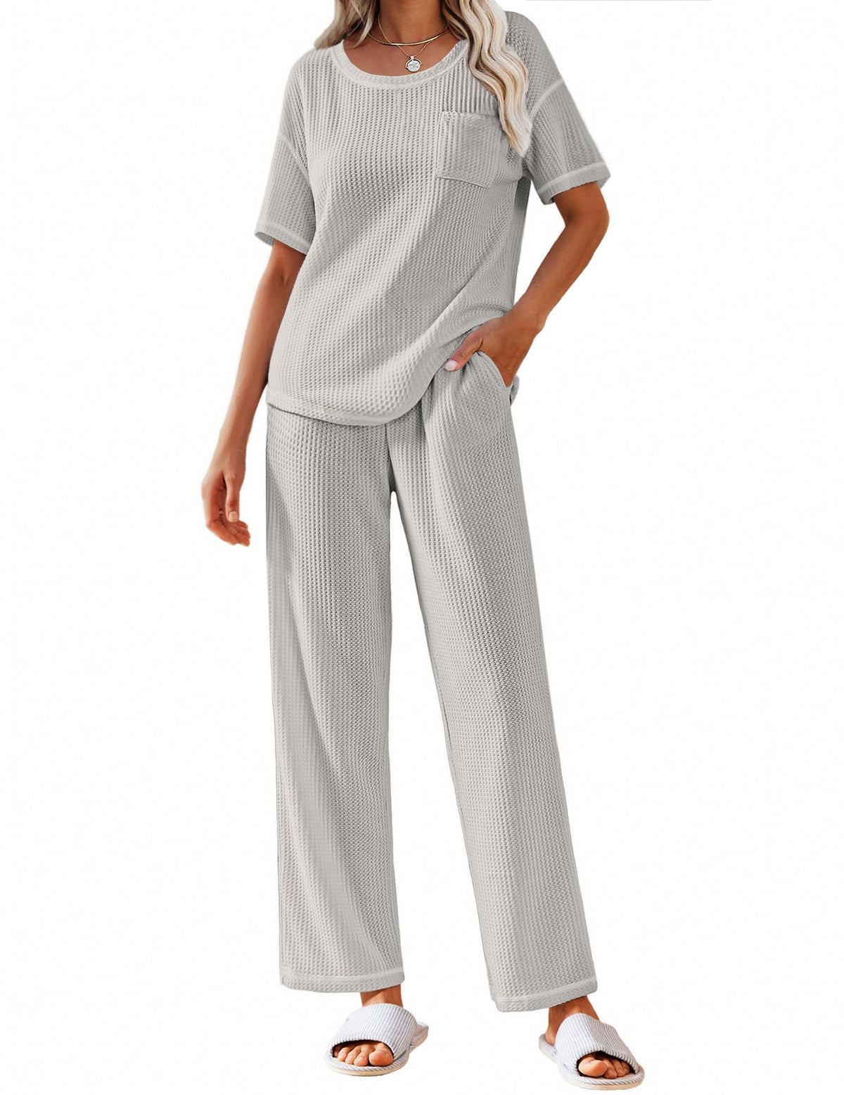 Ekouaer 2 Piece Summer Waffle Knit Lounge Sets For Women Short Sleeve Top and Long Pant Pajama Set Loungewear Pjs Set