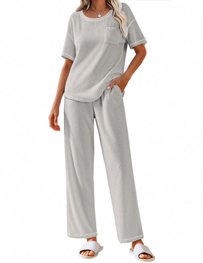 Ekouaer 2 Piece Summer Waffle Knit Lounge Sets For Women Short Sleeve Top and Long Pant Pajama Set Loungewear Pjs Set