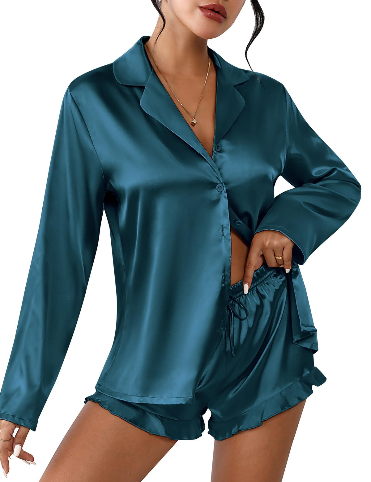 Ekouaer Womens Satin Pajama Sets Cute Button Down Silk Pjs with Ruffle