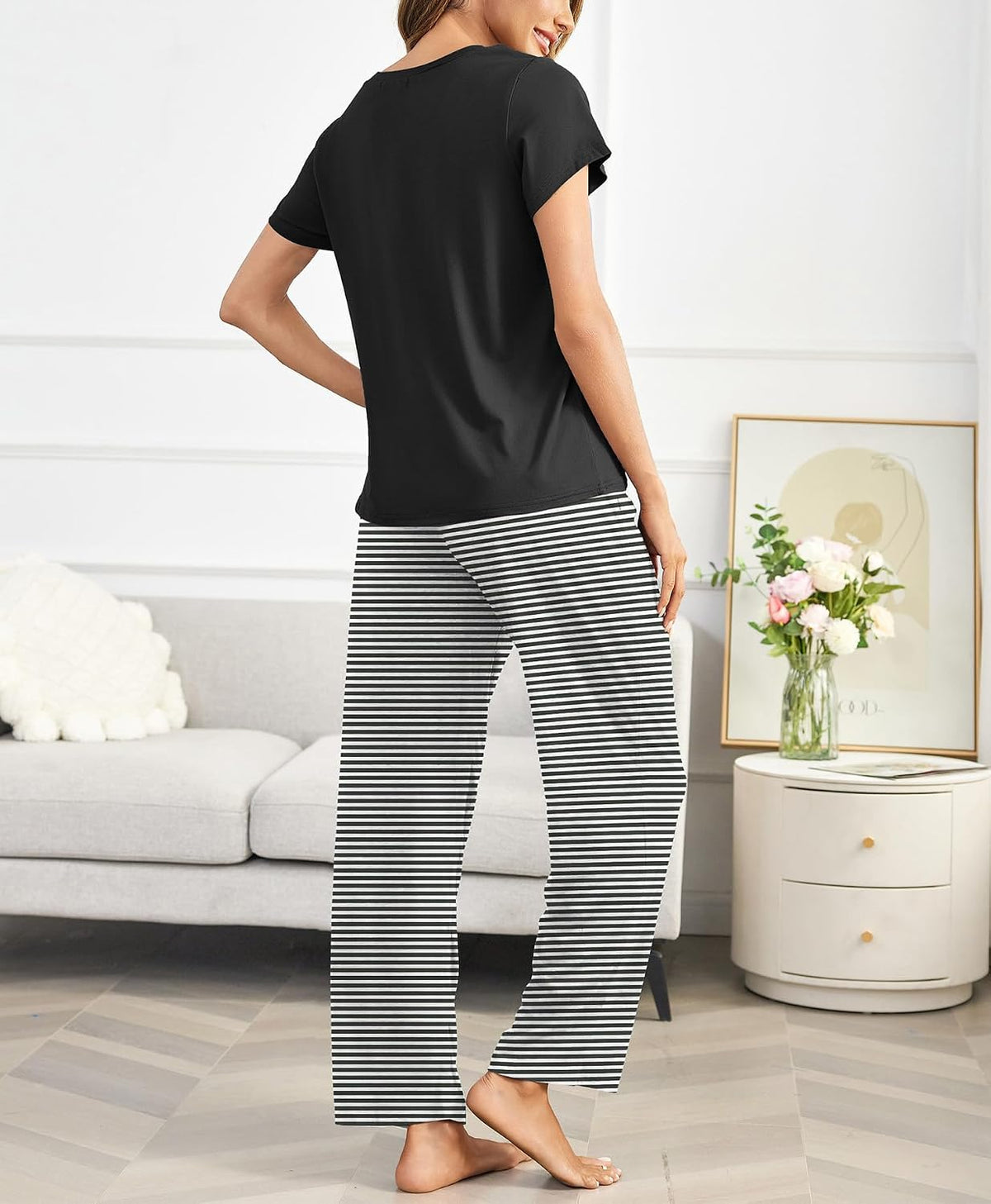 Ekouaer Womens Pajamas Sets Round Neck Pjs Loose Lounge Sets Sleepwear