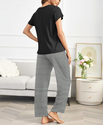 Ekouaer Womens Pajamas Sets Round Neck Pjs Loose Lounge Sets Sleepwear