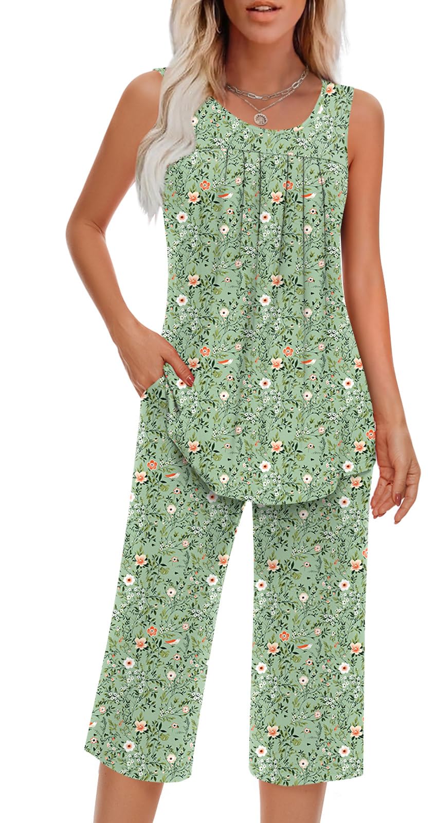 Findsweet Women Pajamas Sets Loungewear Soft Sleepwear Two Piece Summer Sleeveless Pjs Tank Top Pants with Pocket S-4XL