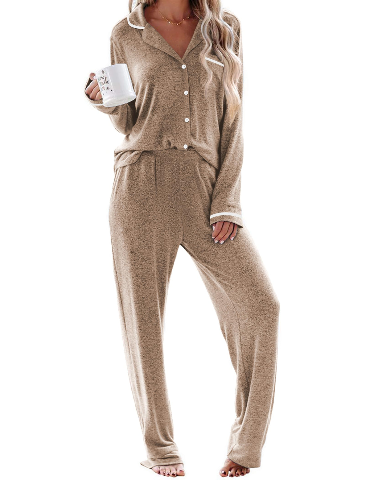 Ekouaer Womens Pajama Sets Long Sleeve Button Down 2 Piece Lounge Set