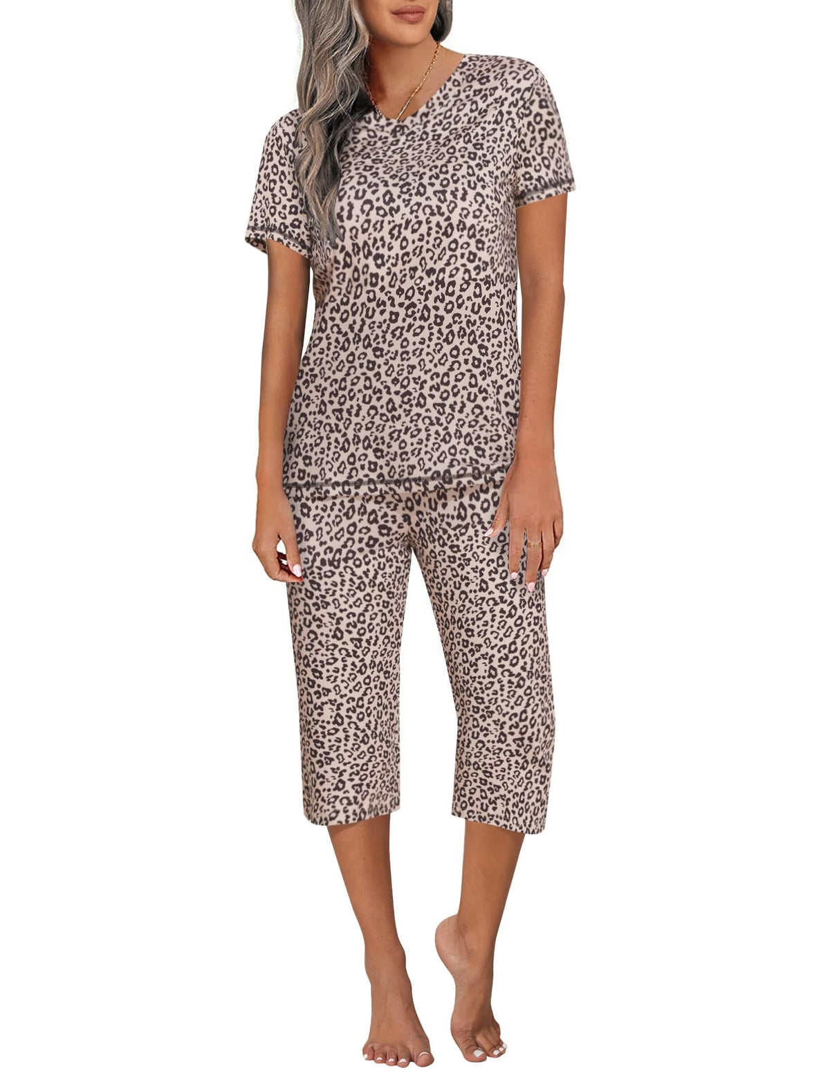 Ekouaer Women's Capri Pajama Sets Short Sleeve Two Piece Summer Lounge Sets