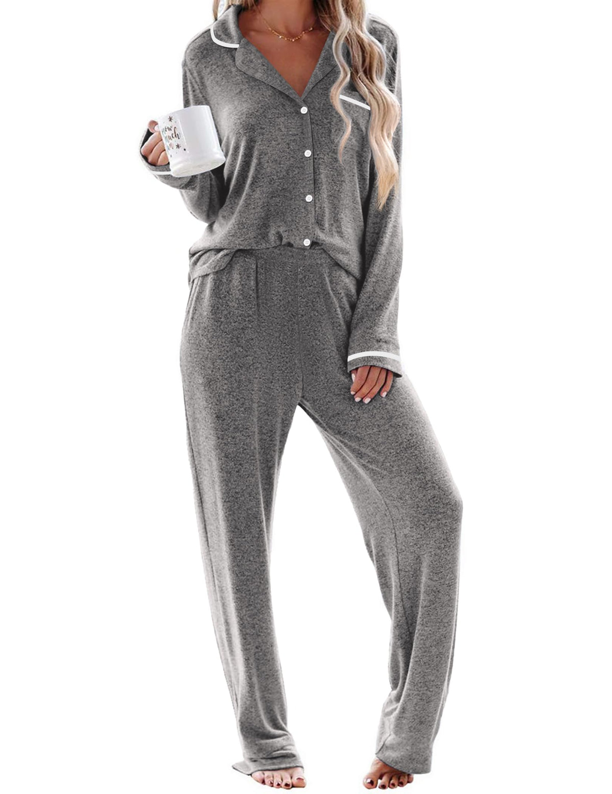 Ekouaer Womens Pajama Sets Long Sleeve Button Down 2 Piece Lounge Set