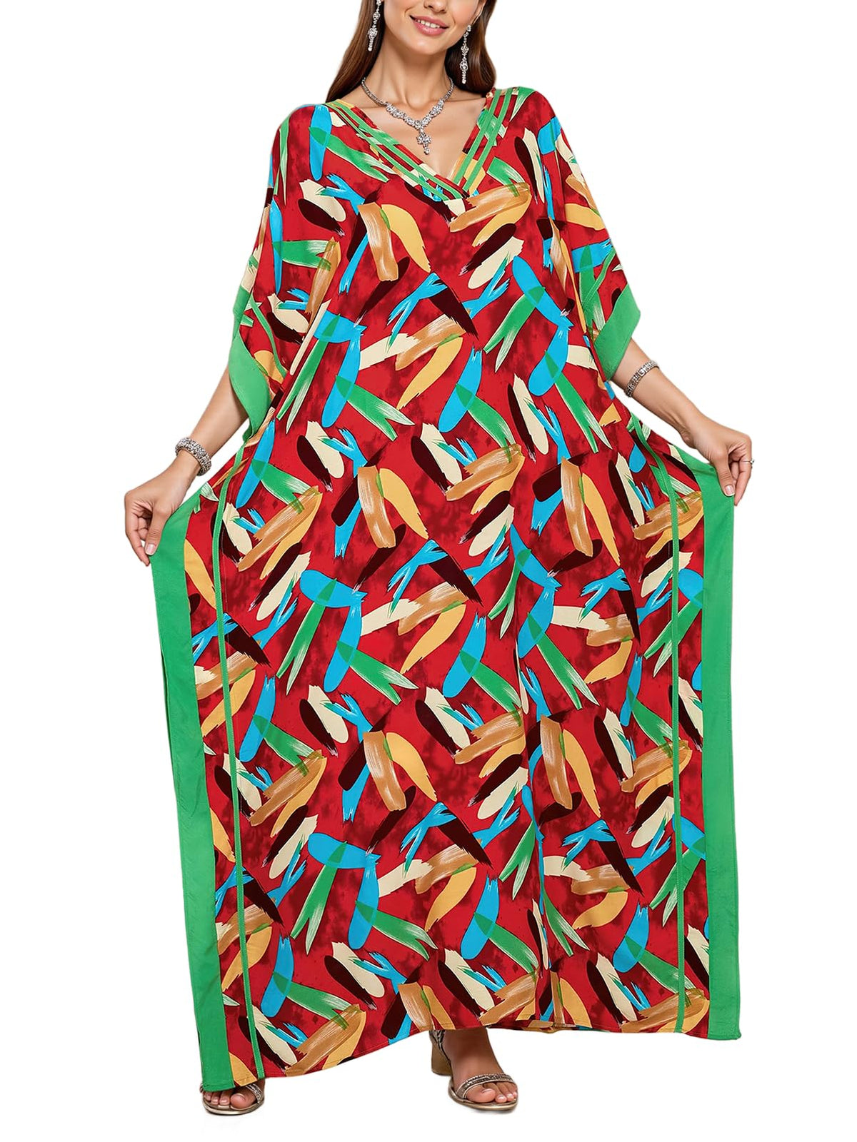 NFVNKJ Plus Size Mumu Dresses for Women - Boho Batwing Sleeve Caftan with Side Slits, Long Moo Moo Nightgown & Beach Cover Up