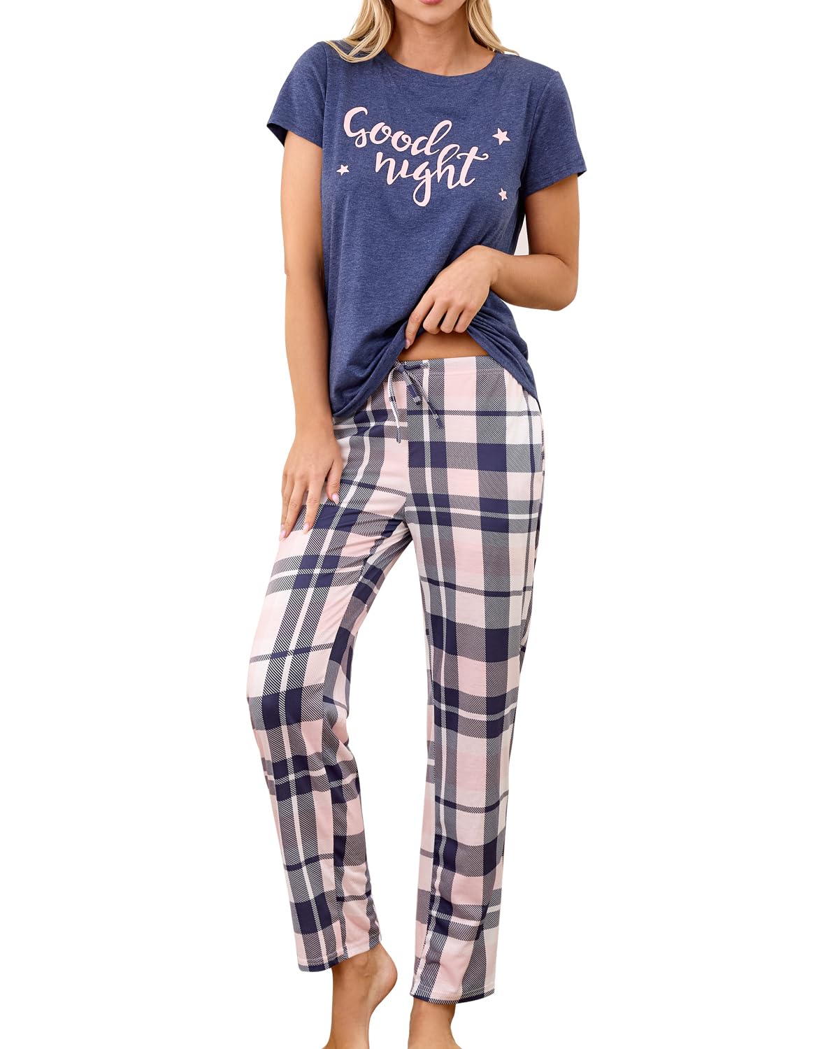 difficort Womens Pajama Sets Short Sleeve Long Pants Sleepwear with Pockets