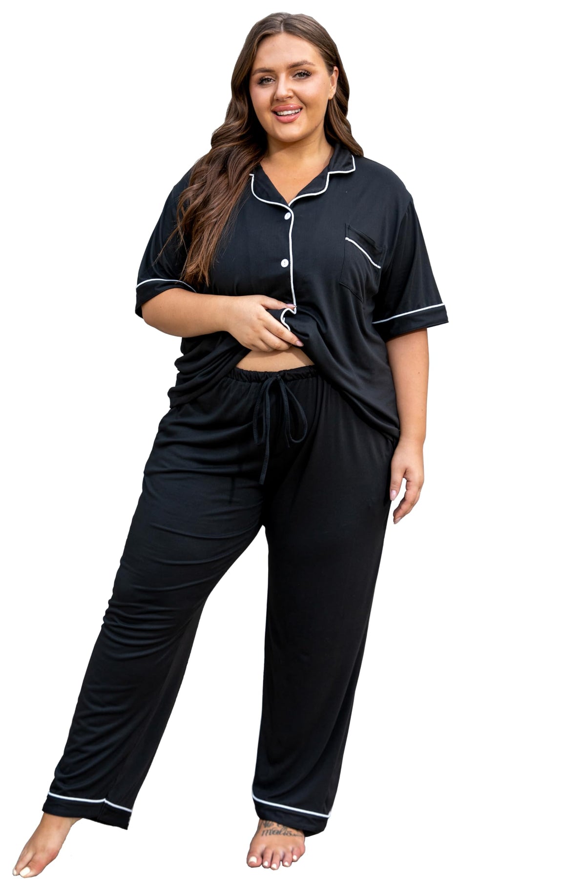 Vozanet Women's Plus Size Pajamas Button Down Shirt and Pants Soft Lounge Sets Bride Nighty Bottom with Pockets 1x to 5x